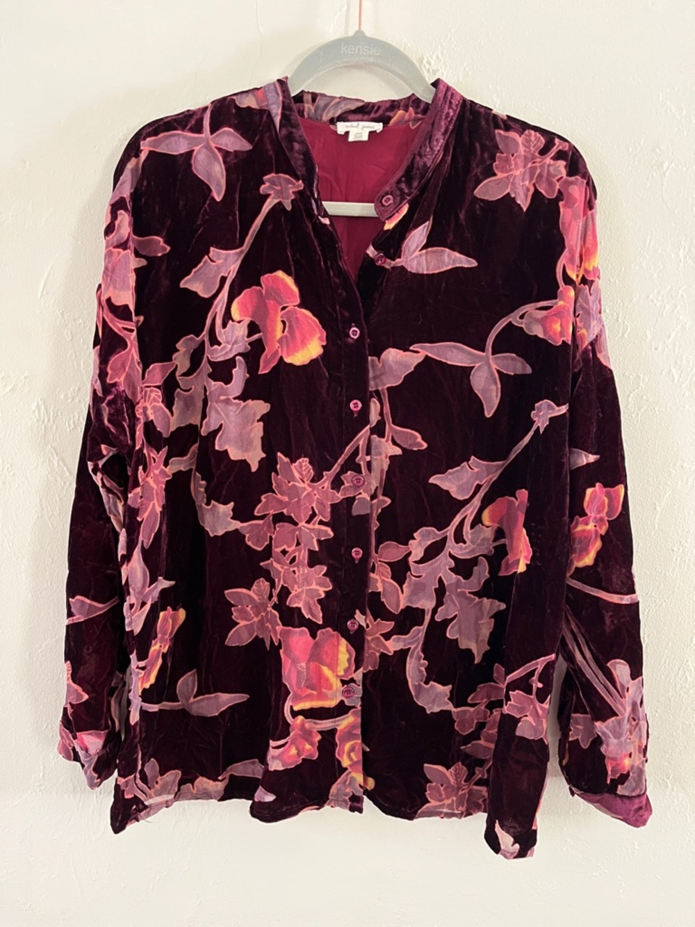Velvet Floral Button-Front Blouse - Burgundy Pink Whimsigoth Fairy Boho